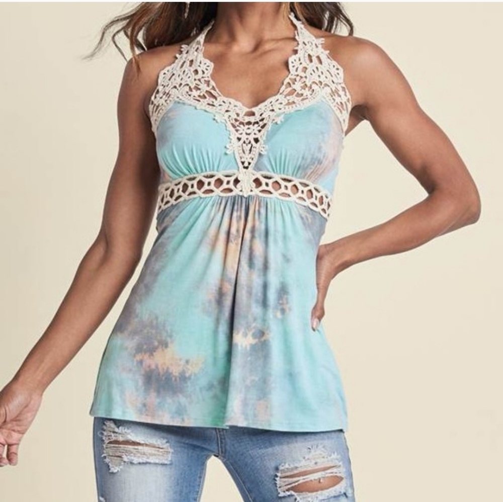 🩵💛 VENUS Lace-Trimmed Tie-Dye Camisole in Blue and Cream